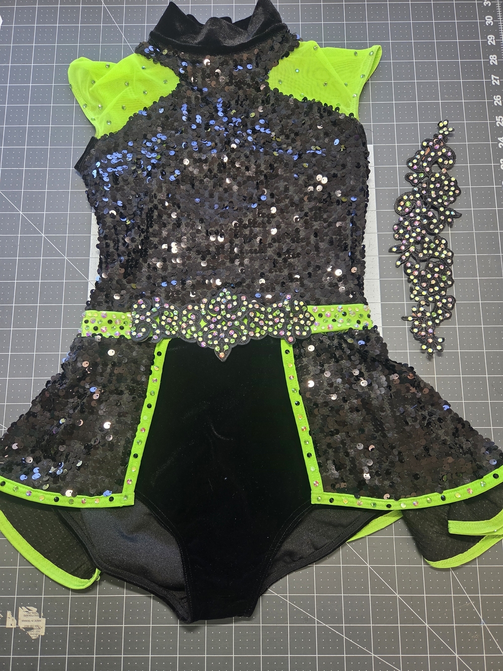 Sequin Dance Jazz Costume for Kids - Black with Neon Green Accents